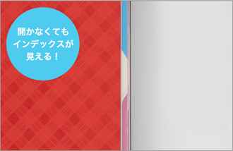 表紙を開かなくてもインデックスの色が分かるよう、カバーの端が透明になっています。 