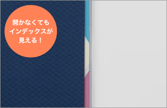 表紙を開かなくてもインデックスの色が分かるよう、カバーの端が透明になっています。