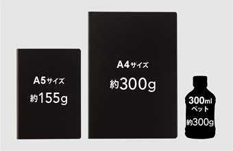 A4サイズでも重さはわずか300g！小さなペットボトル（300ml）とほぼ同じ重さで、携帯もラクラク。クリップボード付きでも重さは約342gです。