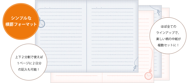 シンプルな横罫フォーマット。上下２分割で使えば１ページに２日分の記入も可能！ほぼ全てのラインアップで、楽しい柄の中紙が複数セットに！